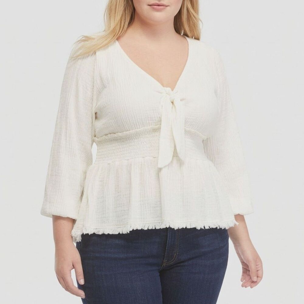 True Craft NWT Womens Plus Size 2X Cream Cotton Gauze Boho Smocked Peplum Top